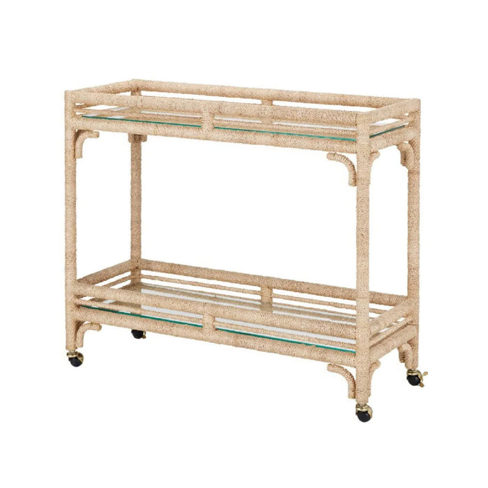 Currey & Company Olisa Rope Bar Cart features two glass shelves and a wrought iron frame, shown on a white background.