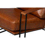 brown leather seat cushion back chair black iron open frame