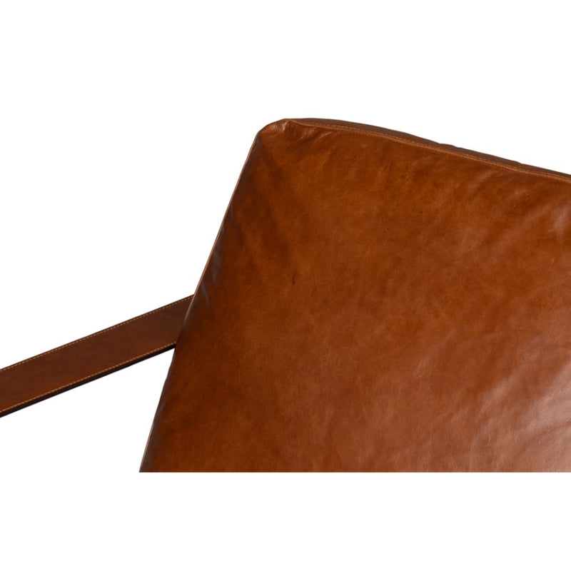 brown leather seat cushion back chair black iron open frame