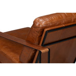 brown leather seat cushion back chair black iron open frame