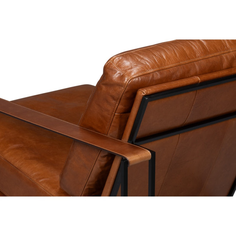 brown leather seat cushion back chair black iron open frame