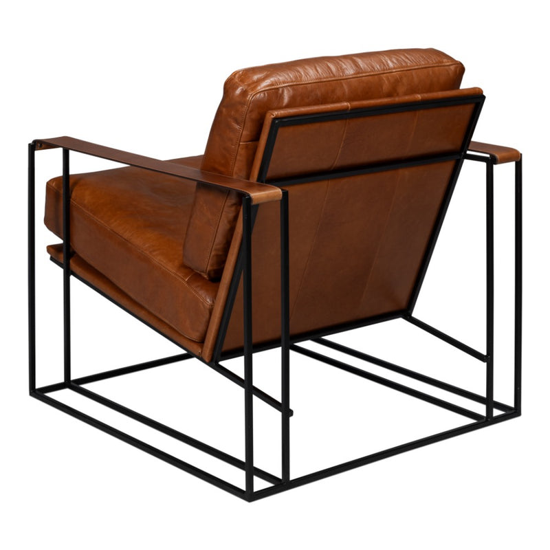 brown leather seat cushion back chair black iron open frame