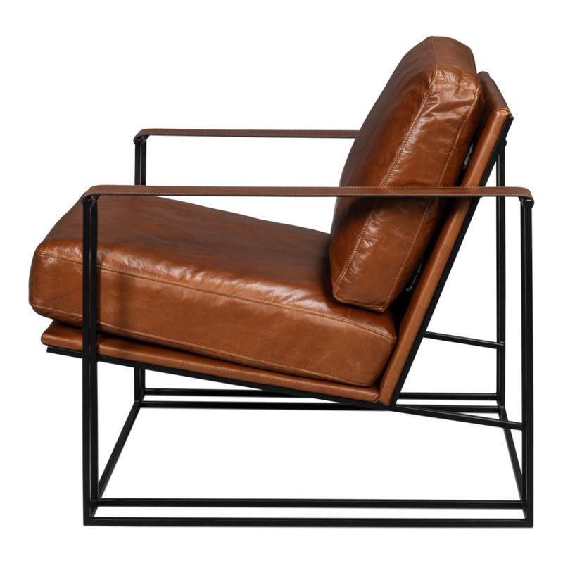 brown leather seat cushion back chair black iron open frame