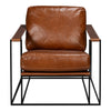 brown leather seat cushion back chair black iron open frame