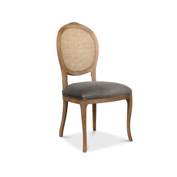 Set of 2 Oval Cane Back Dining Chairs by Sarreid, Ltd. with driftwood frame and charcoal grey cushioned seats.