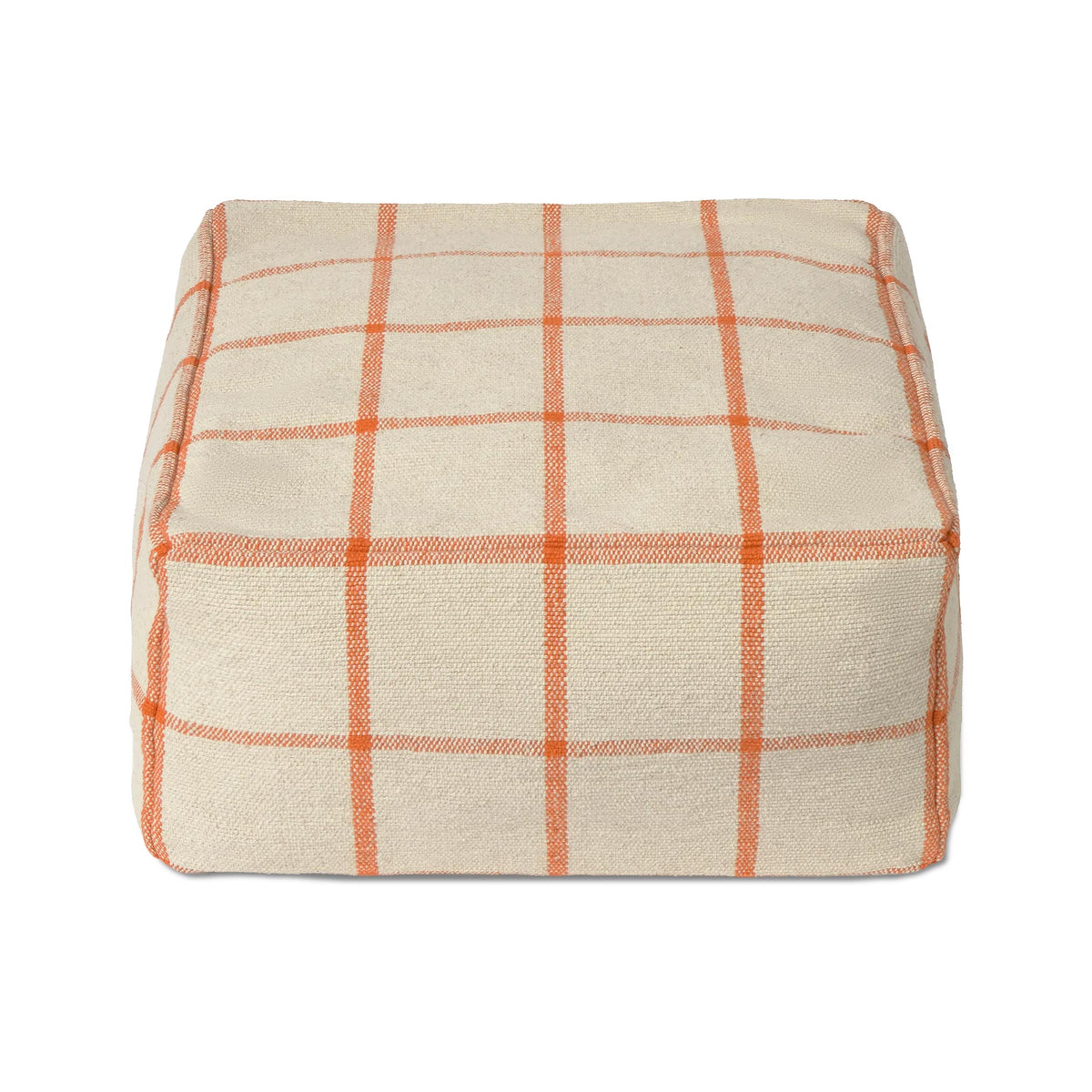 A square pouf ottoman upholstered in a textured cream linen fabric with a warm orange grid plaid pattern, shown against a plain white background.