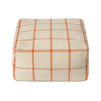 A square pouf ottoman upholstered in a textured cream linen fabric with a warm orange grid plaid pattern, shown against a plain white background.