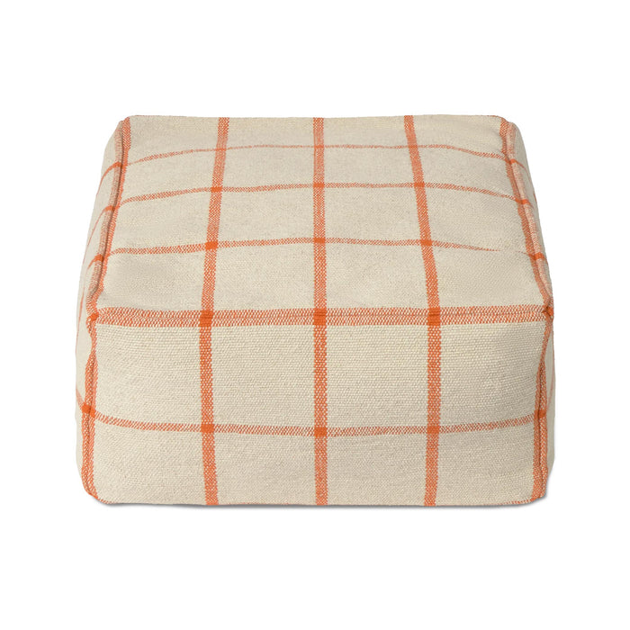 A square pouf ottoman upholstered in a textured cream linen fabric with a warm orange grid plaid pattern, shown against a plain white background.
