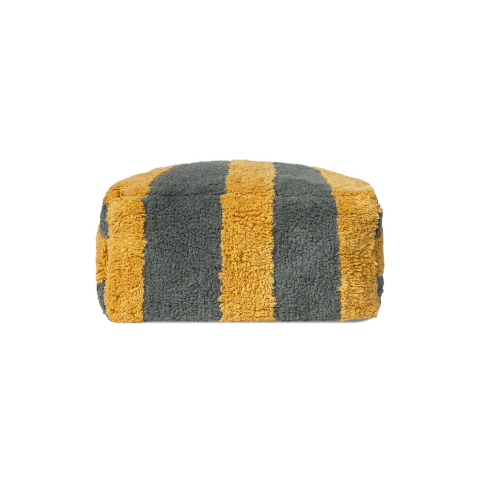 A rectangular bath towel with a plush, textured surface featuring alternating vertical stripes of mustard yellow and dark gray, shown against a plain white background.