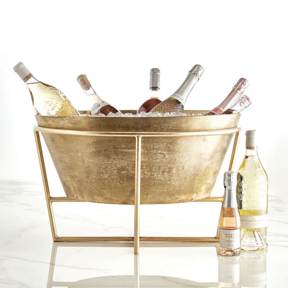 champagne wine bucket gold oval with stand and bottles