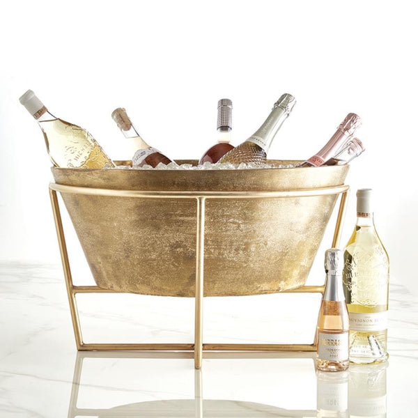 champagne wine bucket gold oval with stand and bottles