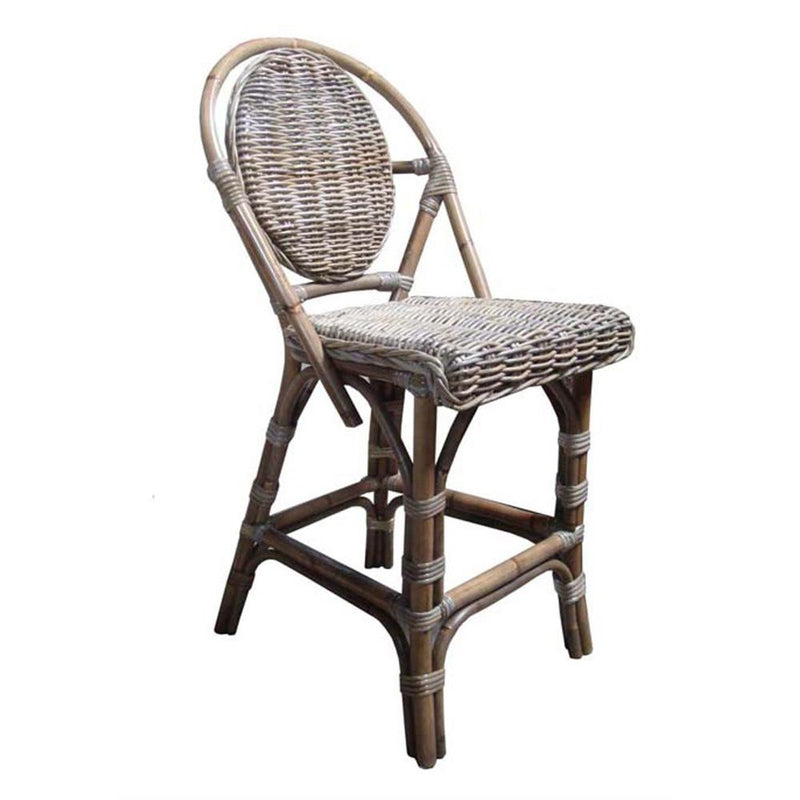 Paris bistro counter stool four legs gray woven oval back bamboo