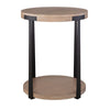 contemporary side table round natural veneer top lower shelf bronze columns
