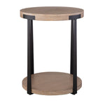 contemporary side table round natural veneer top lower shelf bronze columns