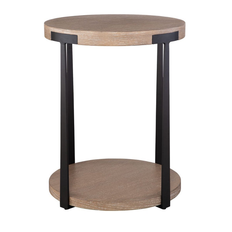 contemporary side table round natural veneer top lower shelf bronze columns