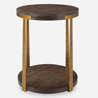 contemporary side table round walnut veneer top lower shelf antique gold columns