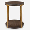 contemporary side table round walnut veneer top lower shelf antique gold columns