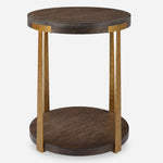 contemporary side table round walnut veneer top lower shelf antique gold columns