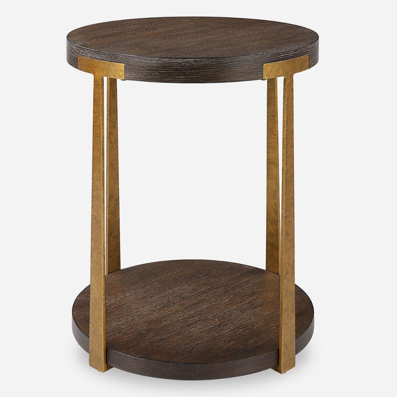 contemporary side table round walnut veneer top lower shelf antique gold columns