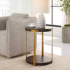 contemporary side table round walnut veneer top lower shelf antique gold columns