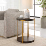 contemporary side table round walnut veneer top lower shelf antique gold columns