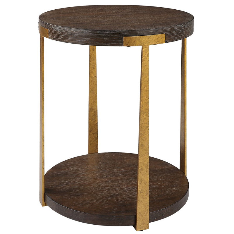 contemporary side table round walnut veneer top lower shelf antique gold columns