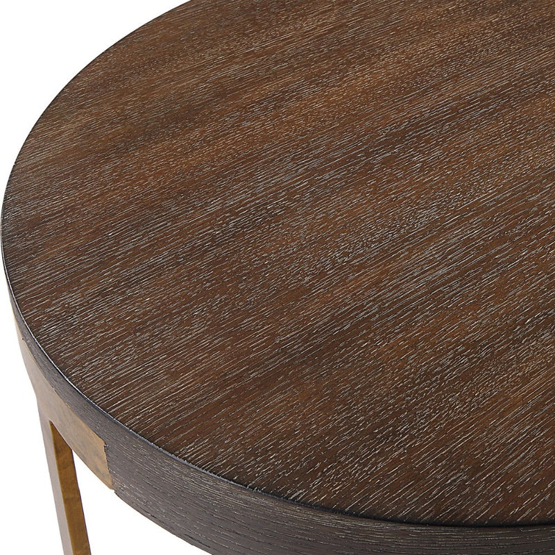 contemporary side table round walnut veneer top lower shelf antique gold columns