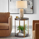 contemporary side table round walnut veneer top lower shelf antique gold columns