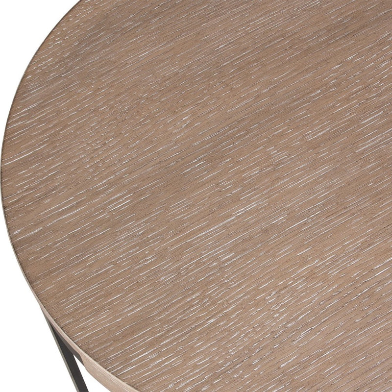 contemporary side table round natural veneer top lower shelf bronze columns