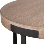 contemporary side table round natural veneer top lower shelf bronze columns