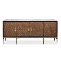 The Palisade Shagreen Credenza by Sarreid, Ltd. features 4 doors, gold handles, slim legs, and a gray Statuario marble top.