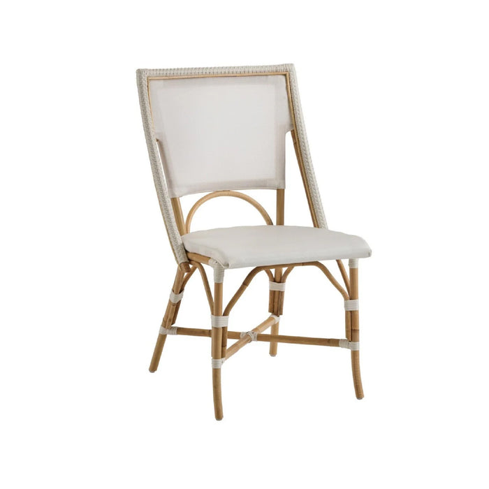 Kenian Paris Natural Bistro Chair set features rattan frames, light cushions, and white accents for casual elegance.