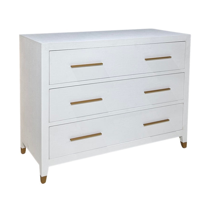 3-drawer chest white faux grasscloth antique brass bar handles foot caps