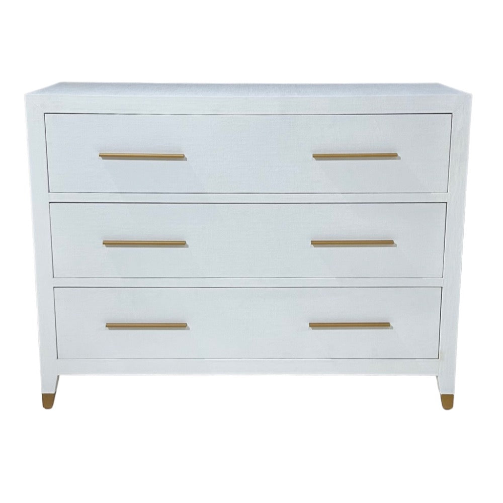 3-drawer chest white faux grasscloth antique brass bar handles foot caps