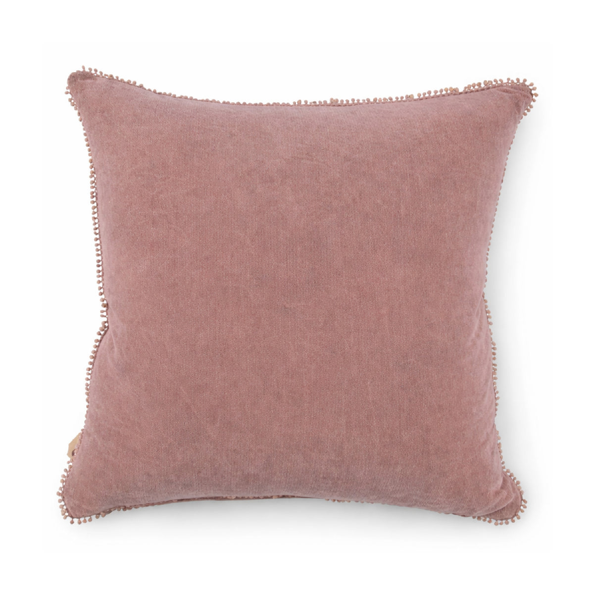 22" square blush velvet pillow with mini pom poms