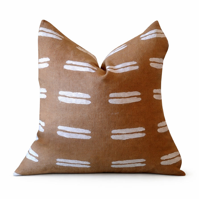 Muse Textiles' Cinnamon Brown  24" Square pillow with broken white Stripes Accent Pillow exudes casual charm with its white block printed stripes evenly spaced across its surface.