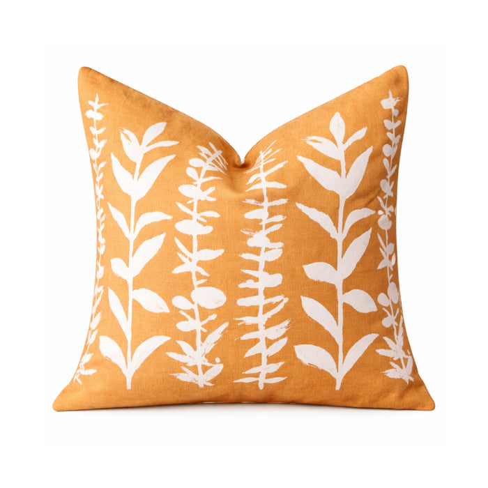 22" square pillow mustard linen white eucalyptus branches 