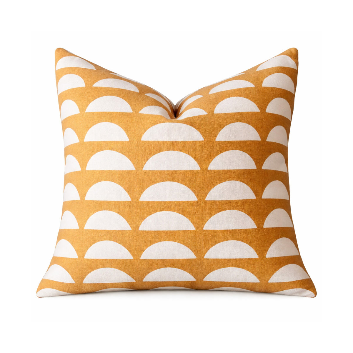 A 20" square throw pillow with a mustard yellow and white half-circle pattern on a white background