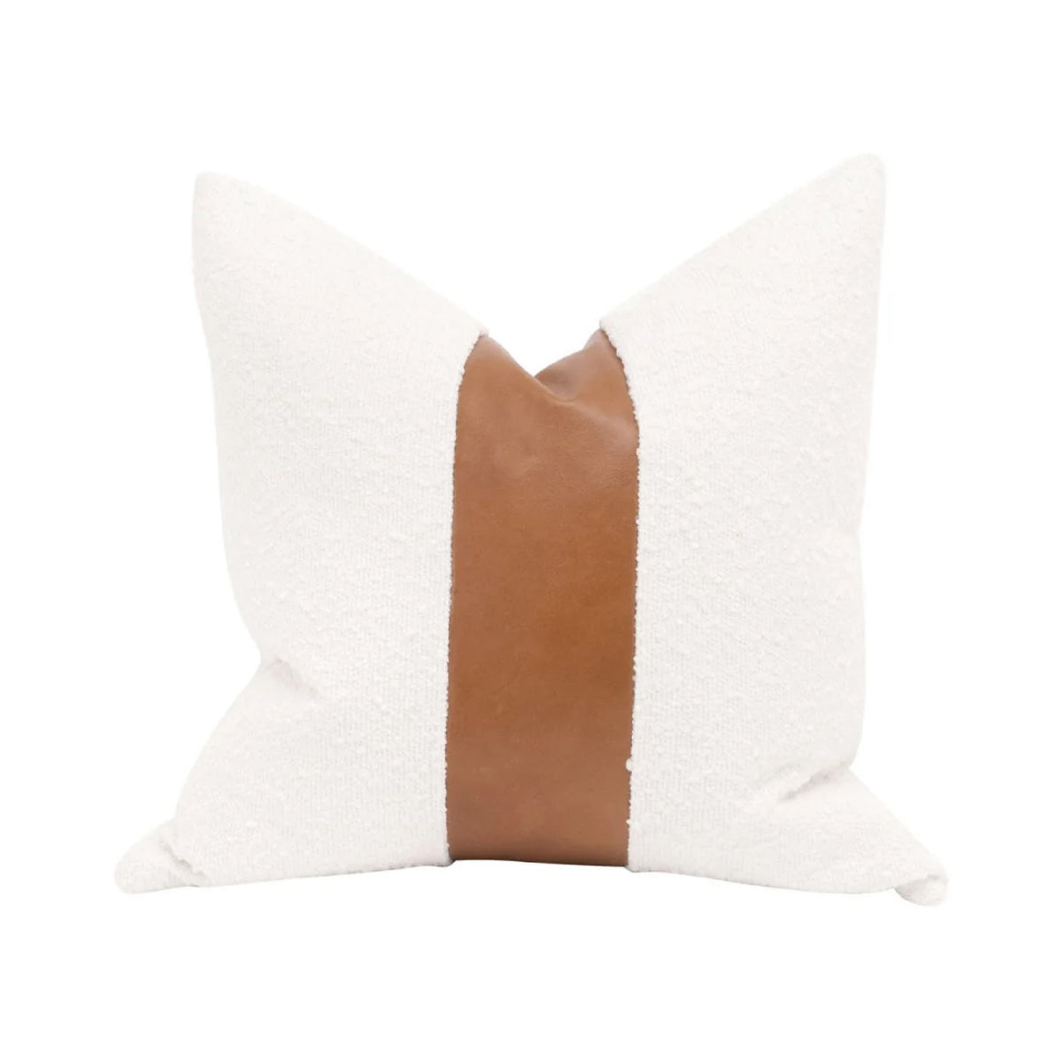 20" throw pillow square natural down filled boucle white fabric leather detail