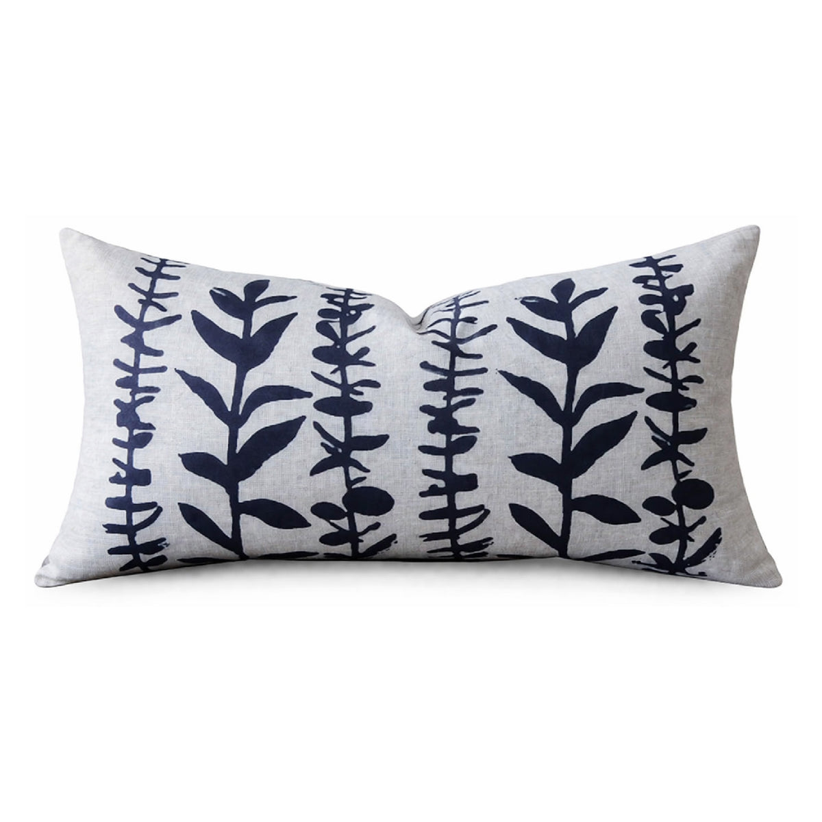 lumbar pillow linen navy block printed eucalyptus branches 24x14