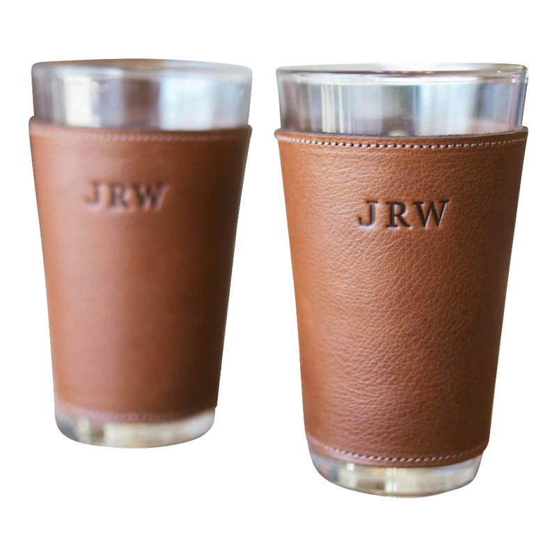 pint glass set leather wrapper personalized