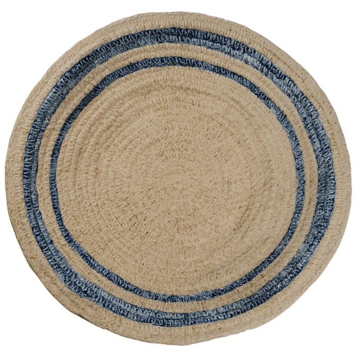 round basket weave ceramic round flat bowl tan navy stripes