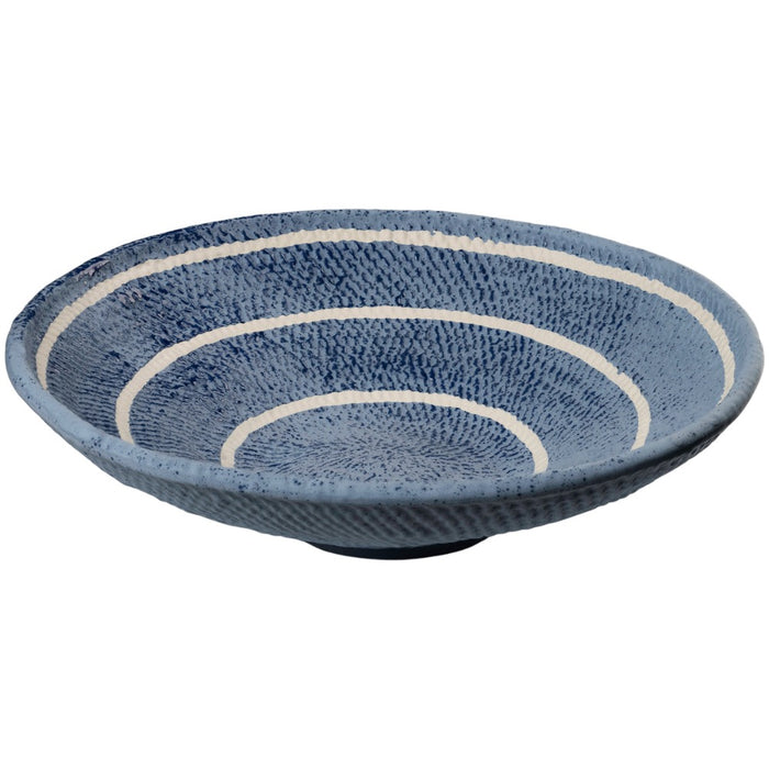 blue ceramic bowl off white circular stripes
