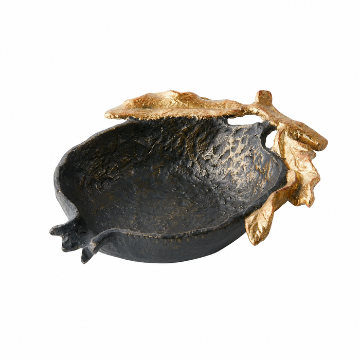 The Roxanne Bronze Pomegranate Bowl by Villa & House features gold accents, shown on a white background.