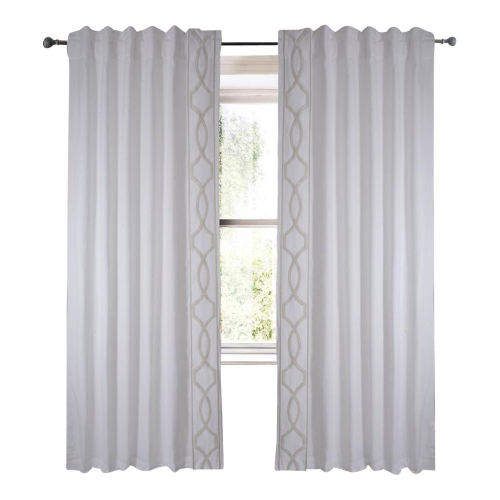 white linen blend curtain panels white and gold embroidered trim