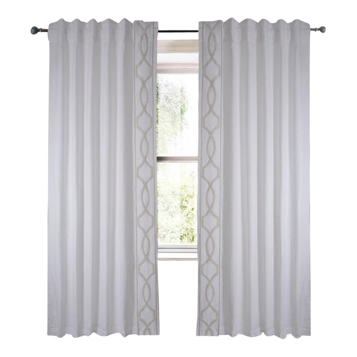 white linen blend curtain panels white and gold embroidered trim