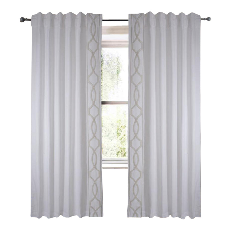 white linen blend curtain panels white and gold embroidered trim