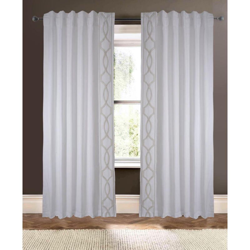 white linen blend curtain panels white and gold embroidered trim