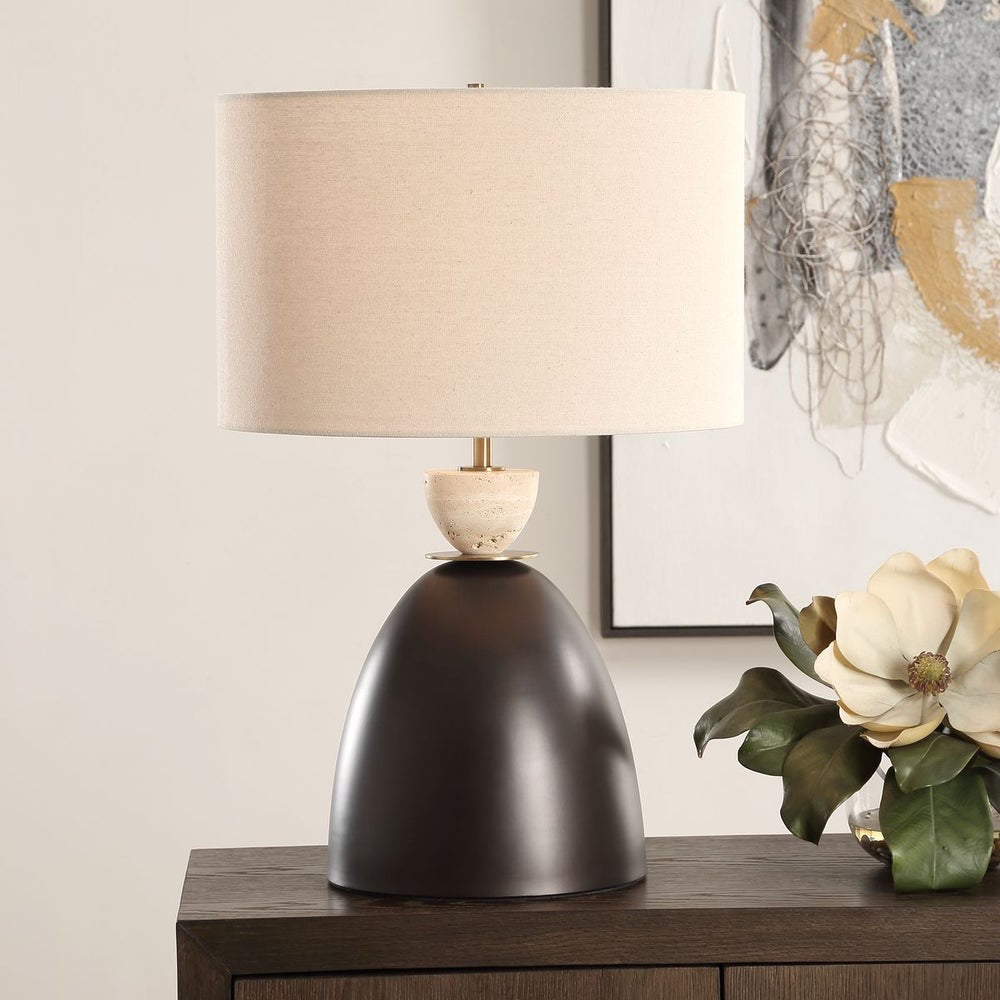 cone-shaped iron dark bronze lamp travertine accent beige shade