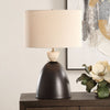 cone-shaped iron dark bronze lamp travertine accent beige shade